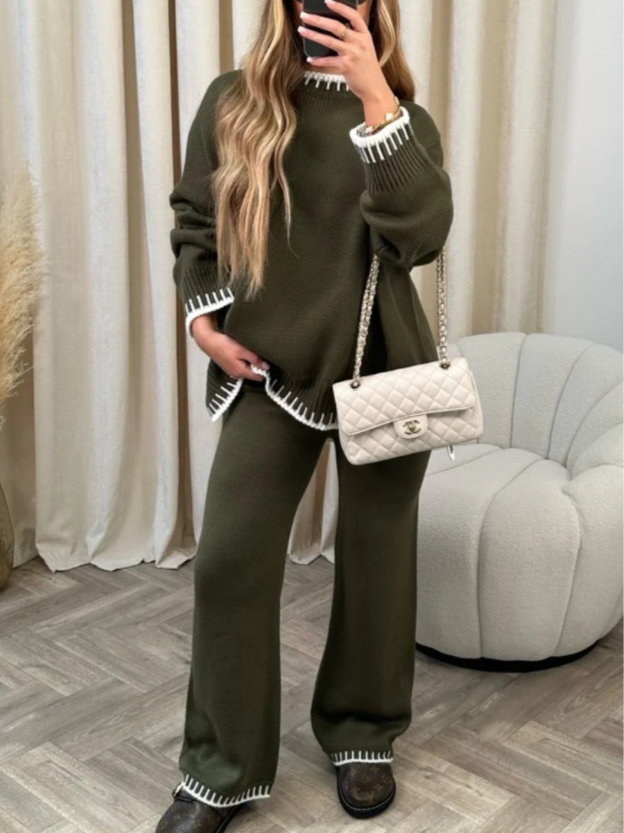 Elegant Geometric Pattern Crochet Long Sleeve Sweater and Pants Two-Piece Set for Women - Loose Fit Polyester Blend