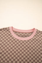 Brown Checkerboard Long Sleeve Pullover and Shorts Set