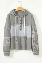Gray Waffle Printed Patchwork Drawstring Hooded Long Sleeve Top