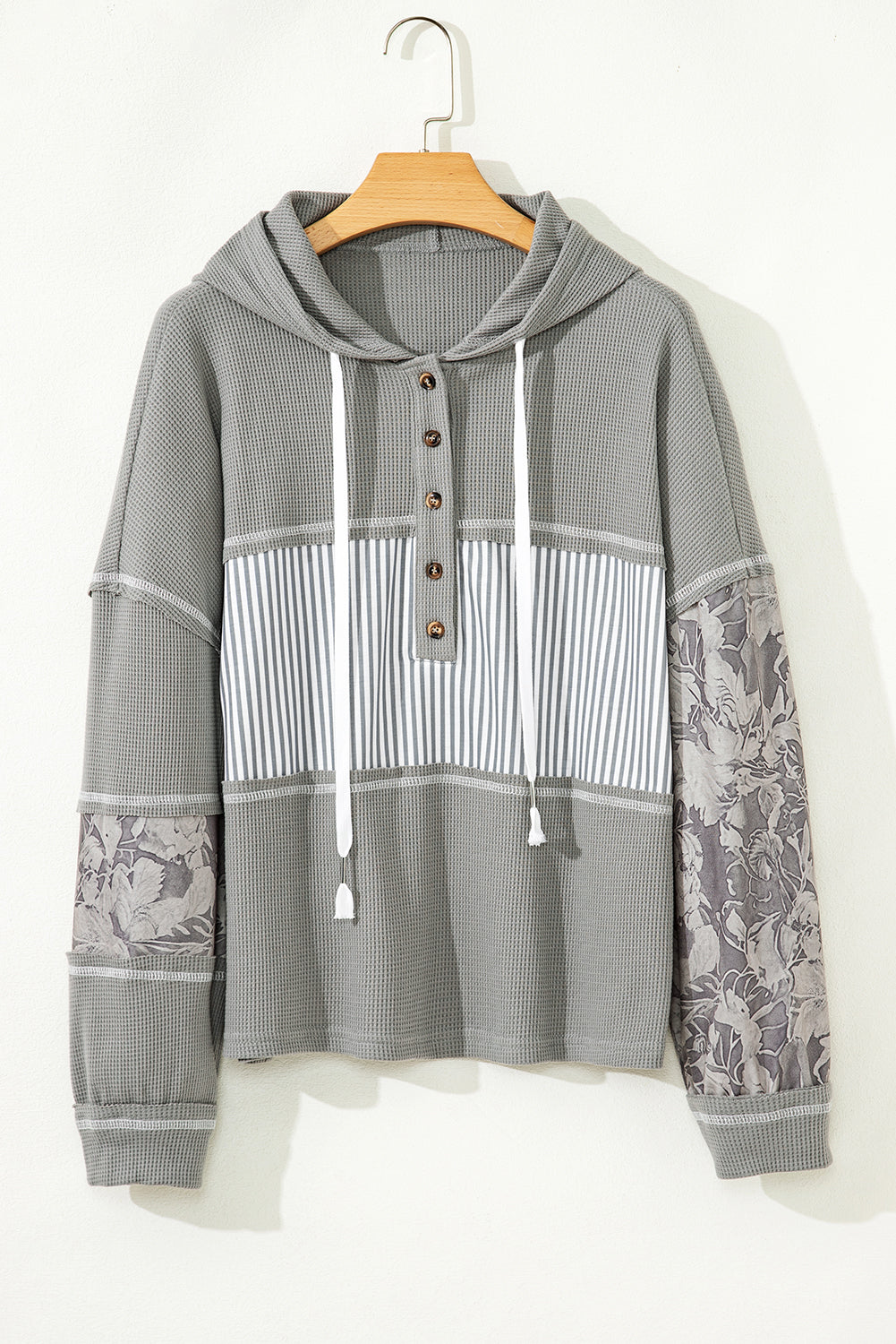 Gray Waffle Printed Patchwork Drawstring Hooded Long Sleeve Top