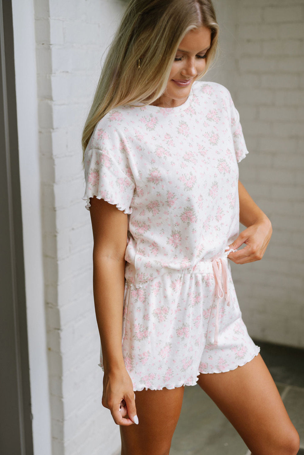 Women's Pink Floral Lettuce Trim Ribbed Tee and Shorts Lounge Set