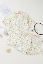 White Floral Print Contrast Pipping Short Pajamas Set