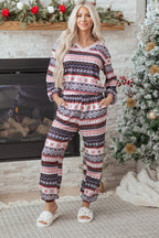 Black Retro Christmas Pattern Loose Pullover 2pcs Lounge Pant Set