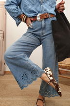 Dusk Blue Embroidered Cropped Wide Leg High Waist Jeans