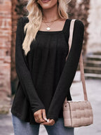 Pleated Square Neck Long Sleeve T-Shirt