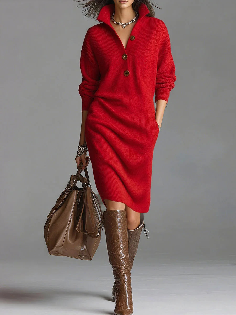 Solid Color Stand Collar Long Sleeve Loose Knit Dress - Comfortable & Stylish