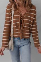 Chestnut Tie Front Striped Knit V Neck Cardigan Sweater