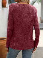 Ribbed Knit Long Sleeve Button Detail T-Shirt