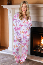 Pink Striped Bow Print Contrast Piping Trim Shirt and Pants 2pcs Pajama Set