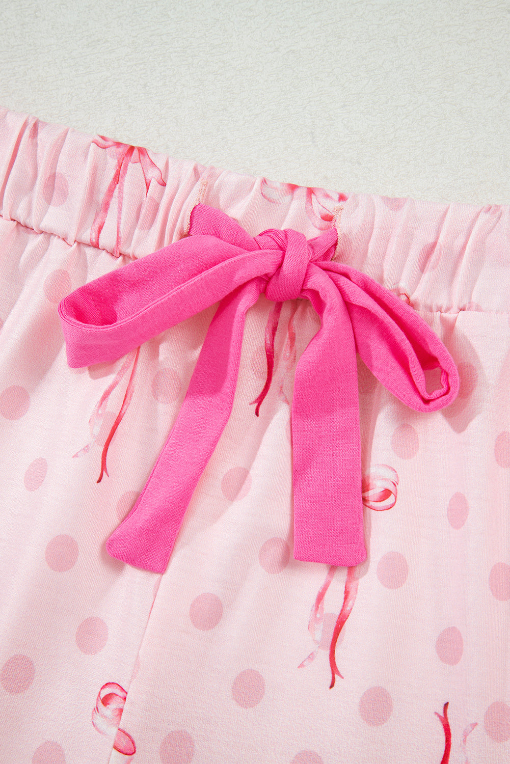 Pink Bow Print Contrast Pipping Short Pajamas Set