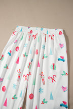 Festive White Christmas Print Lapel Shirt and Pants Sleepwear Set