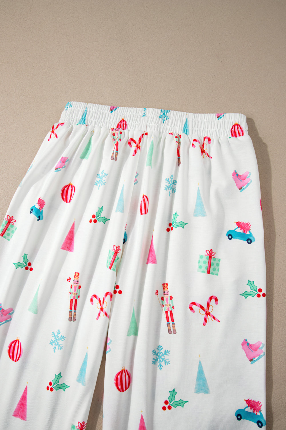 Festive White Christmas Print Lapel Shirt and Pants Sleepwear Set