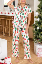 Cozy White Printed Christmas Pattern Button-Up Sleepwear Set - Short Sleeve Top & Loose Pants