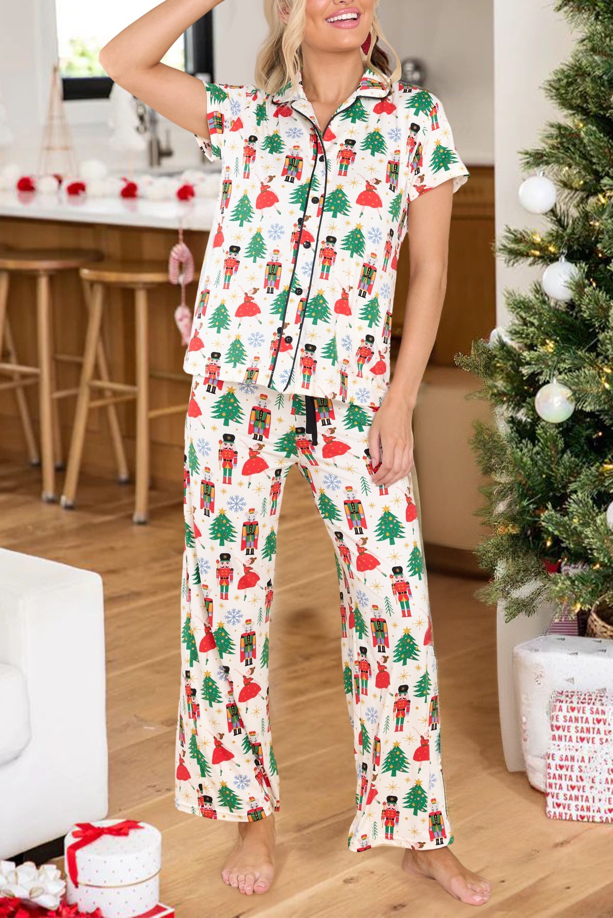 Cozy White Printed Christmas Pattern Button-Up Sleepwear Set - Short Sleeve Top & Loose Pants