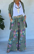 Stylish Green Jacket with Floral Print Wide-Leg Pants Set for Everyday Casual Wear