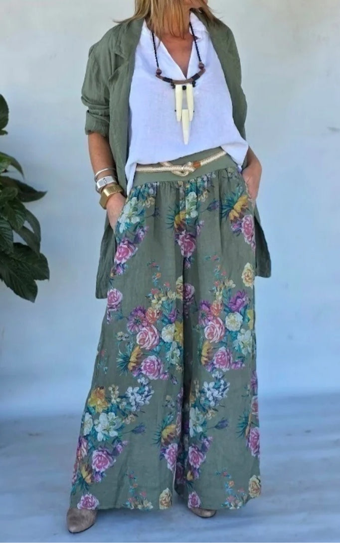 Stylish Green Jacket with Floral Print Wide-Leg Pants Set for Everyday Casual Wear