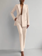 Chic Solid Color Blazer & High Waist Pants Set - Versatile Commuting & Business Attire