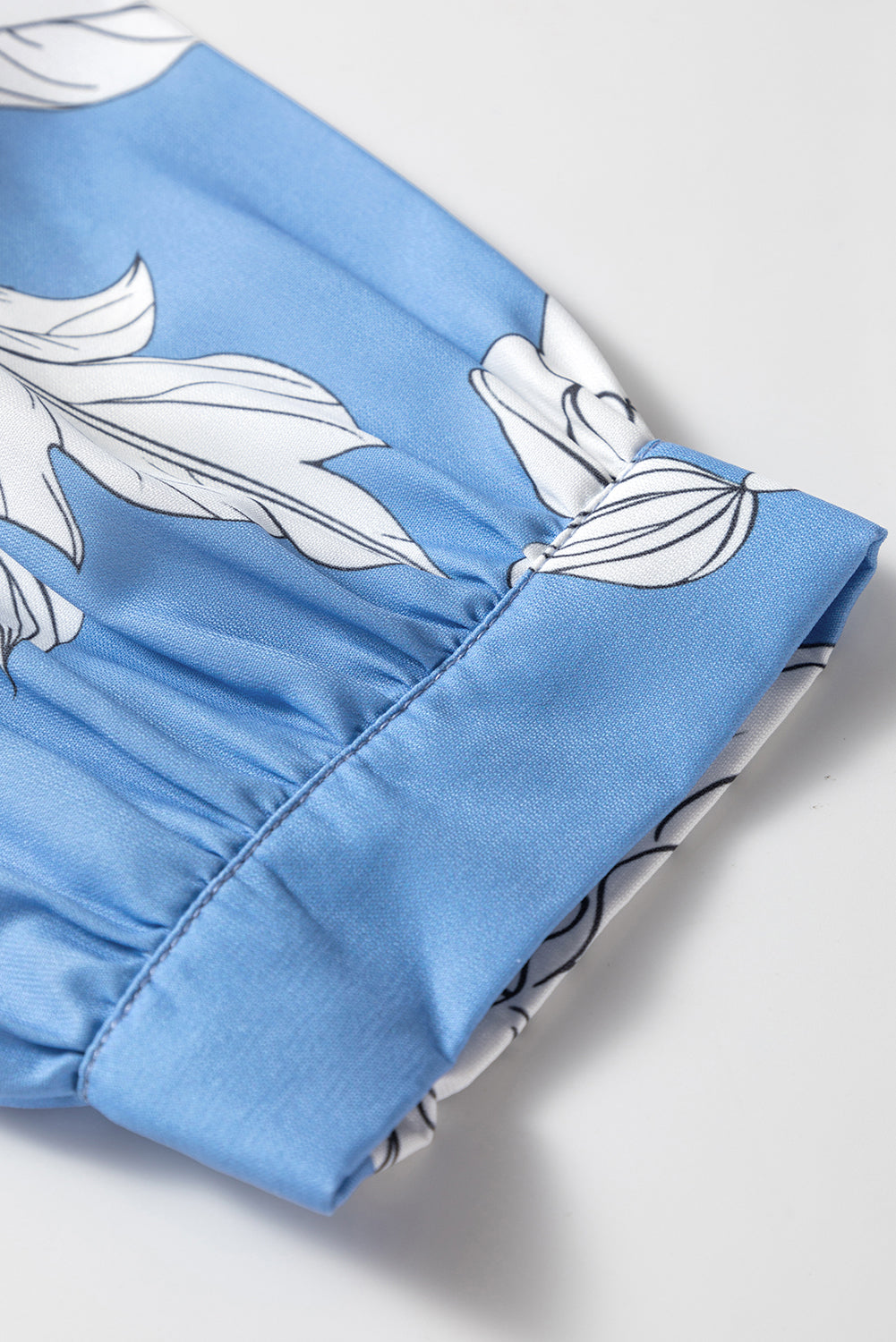 Sky Blue Floral Print Shirt Collar Button Down 3/4 Sleeve Ruffle Hem Long Dress