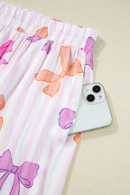 Pink Striped Bow Print Contrast Piping Trim Shirt and Pants 2pcs Pajama Set