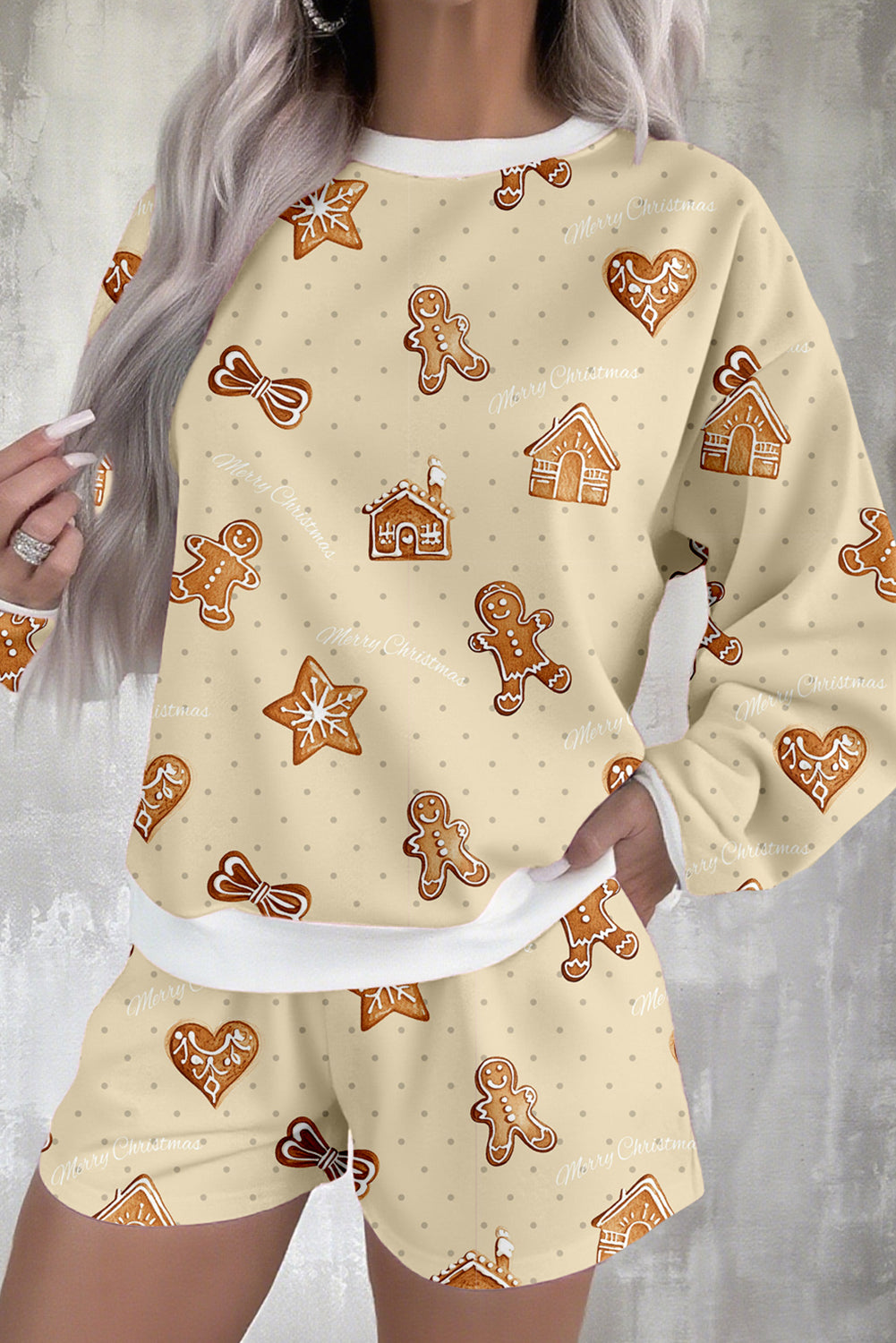 Cozy Beige Gingerbread Man Christmas Print Long Sleeve Pullover & Shorts Lounge Set - Festive Holiday Sleepwear