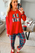 Cozy "ALL IS BRIGHT" Graphic Christmas Plaid Pajama Set for Women - Festive Long Sleeve Top & Jogger Pants