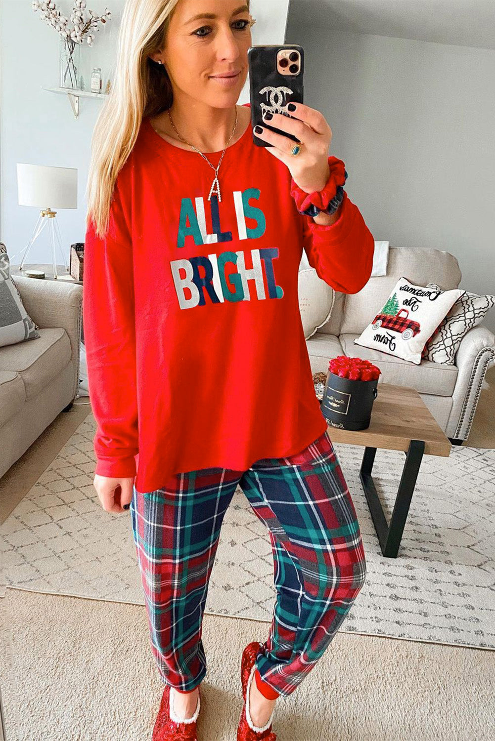 Cozy "ALL IS BRIGHT" Graphic Christmas Plaid Pajama Set for Women - Festive Long Sleeve Top & Jogger Pants