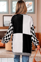 Black Checkered Open Front Drop Shoulder Cardigan