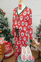Red Stripe Christmas Fashion Print Henley V Neck Pullover and Jogger Pants 2 Piece Lounge Set