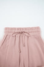 Light Pink Drop Shoulder Puff Sleeve Crop Pullover Drawstring Wide Leg Pants Set