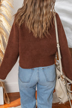 Coffee Solid Color Ribbed Trim Loose Sweater