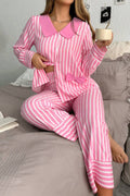 Pink Stripe Buttoned Front Long Sleeve Top and Pants 2 Piece Sleepwear
