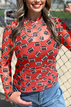 Red Game Day Rugby Mesh Sheer Long Sleeve Top