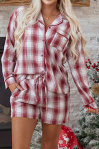 Red Retro Plaid Long Sleeve Shirt Drawstring Shorts 2pcs Lounge Set