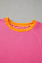 Rose Red 2pcs Color Block Pullover Loose Pant Set