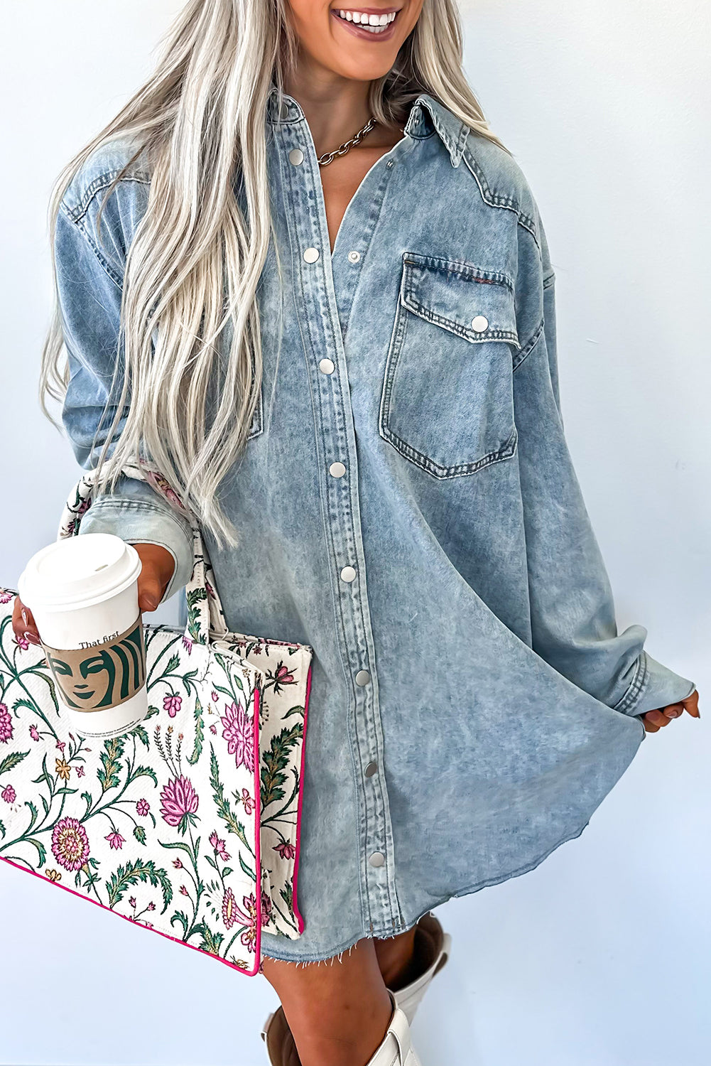Beau Blue Chest Pocket Raw Hem Denim Loose Shirt Dress