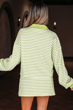 Green Stripe Collared V Neck Drop Shoulder Pullover and Skort 2pcs Outfit