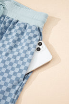 Sky Blue Checkerboard Long Sleeve Pullover and Shorts Set