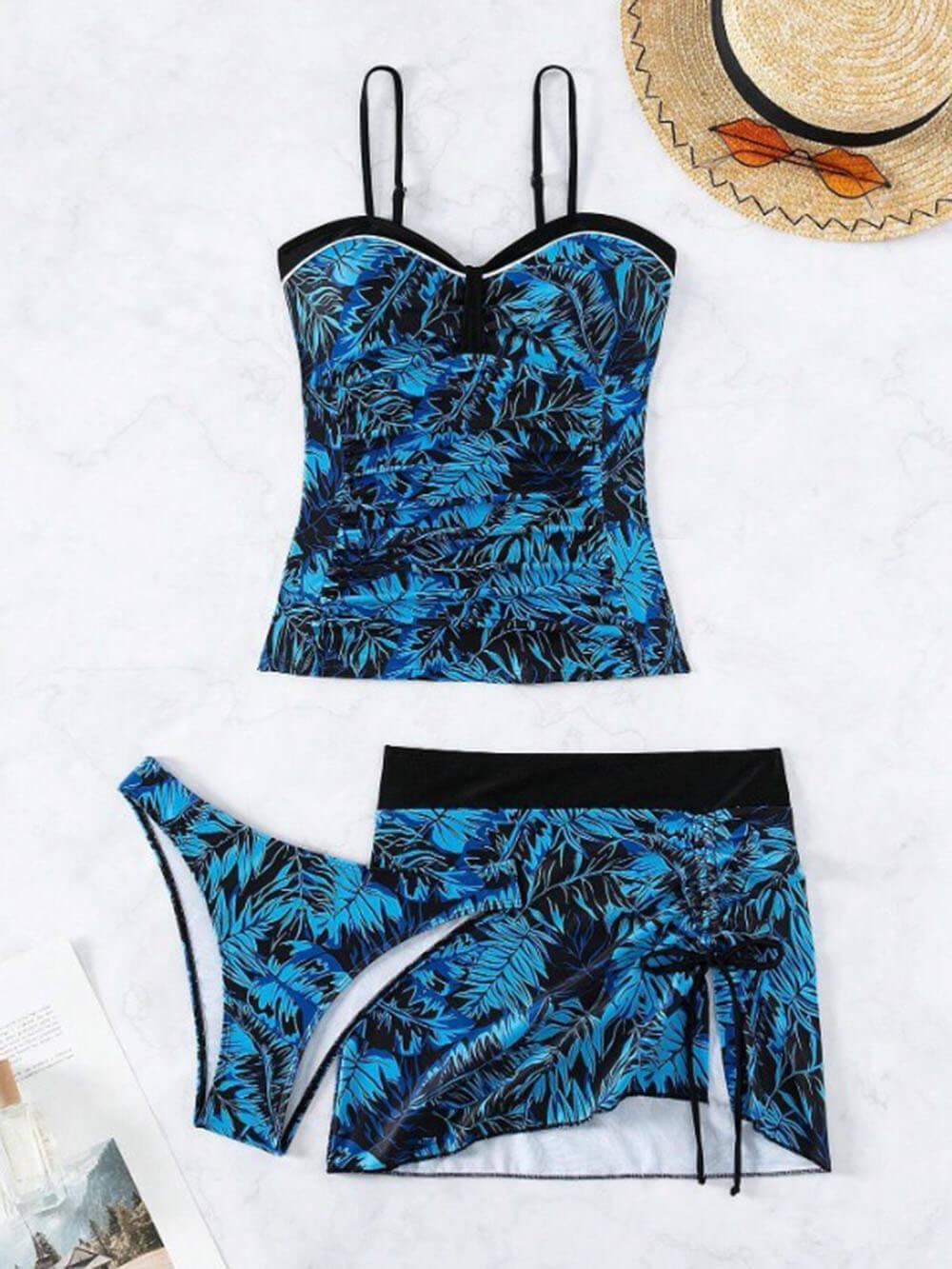 Chic Coconut Leaf Print Skirt Tankini Three-Piece Swimwear Set - Tropical Beach Vacation