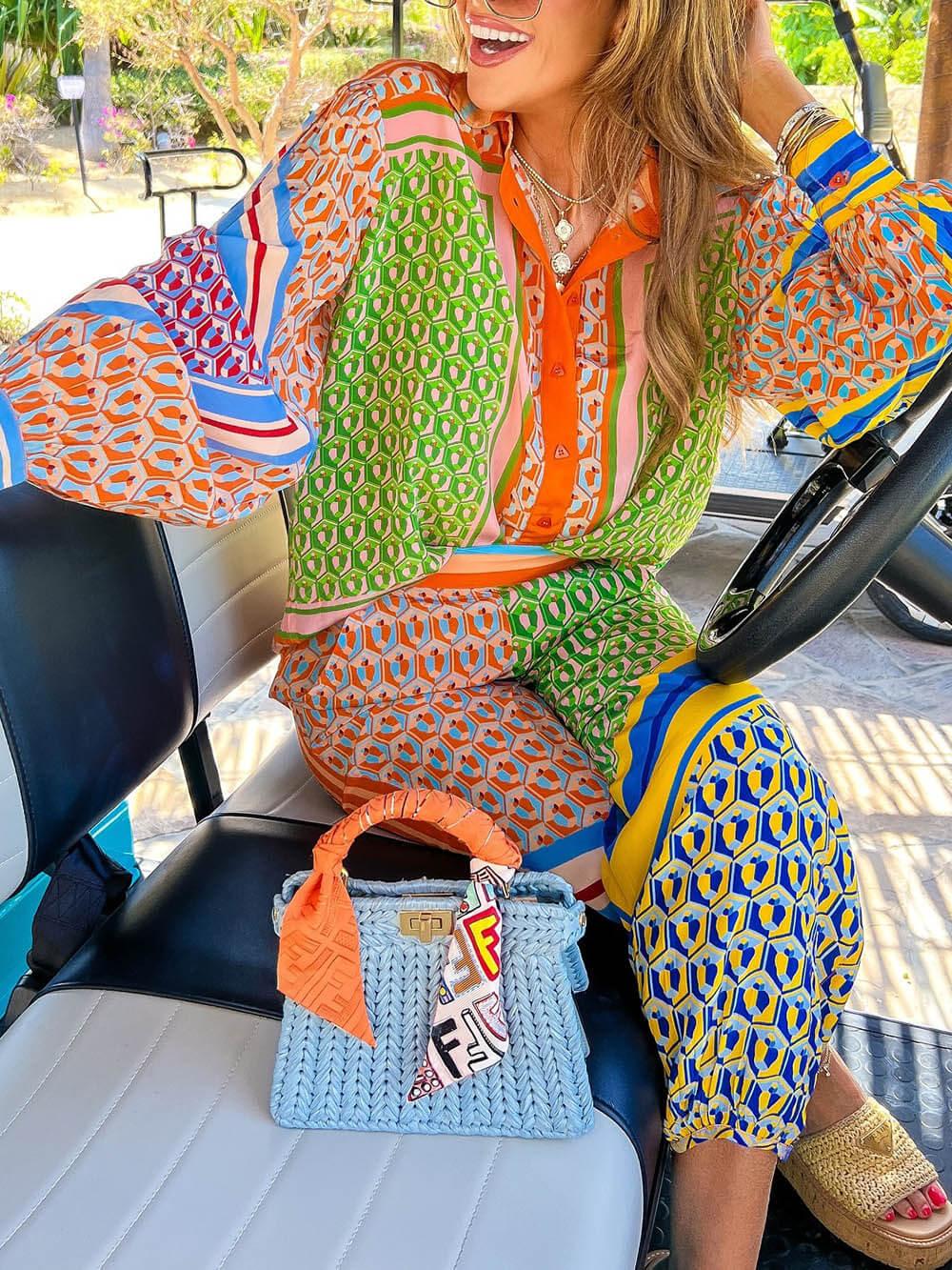 Unique Colorful Print Balloon Sleeve Button-Down Loose Shirt for Women - Comfortable & Stylish