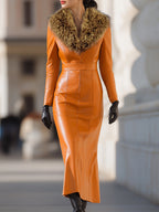 Orange Faux Leather Maxi Dress With Luxurious Fur Collar