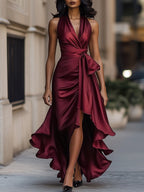Midnight Elegance Satin Halter Ruffle Gown