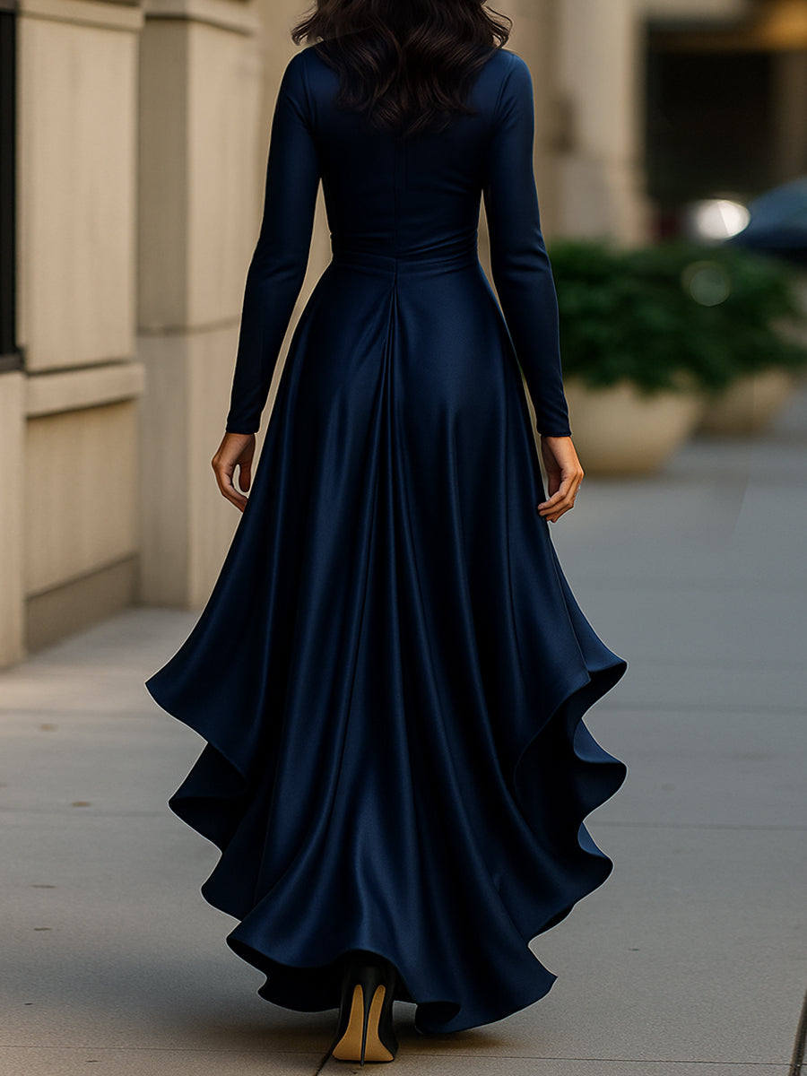 Midnight Blue Draped Satin Maxi Dress With Ruffle Details