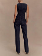 Chic Sleeveless Button-Down Denim Vest Top & High-Waist Straight Leg Jeans Set - Stylish & Comfortable Outfit