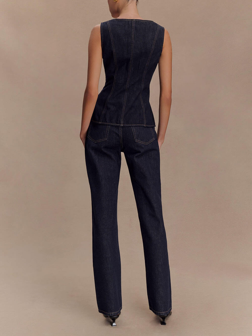 Chic Sleeveless Button-Down Denim Vest Top & High-Waist Straight Leg Jeans Set - Stylish & Comfortable Outfit