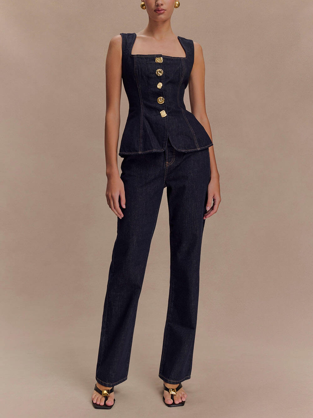 Chic Sleeveless Button-Down Denim Vest Top & High-Waist Straight Leg Jeans Set - Stylish & Comfortable Outfit