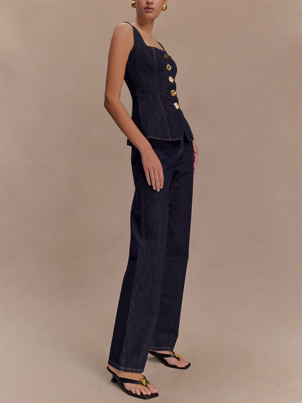 Chic Sleeveless Button-Down Denim Vest Top & High-Waist Straight Leg Jeans Set - Stylish & Comfortable Outfit