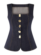 Chic Sleeveless Button-Down Denim Vest Top & High-Waist Straight Leg Jeans Set - Stylish & Comfortable Outfit
