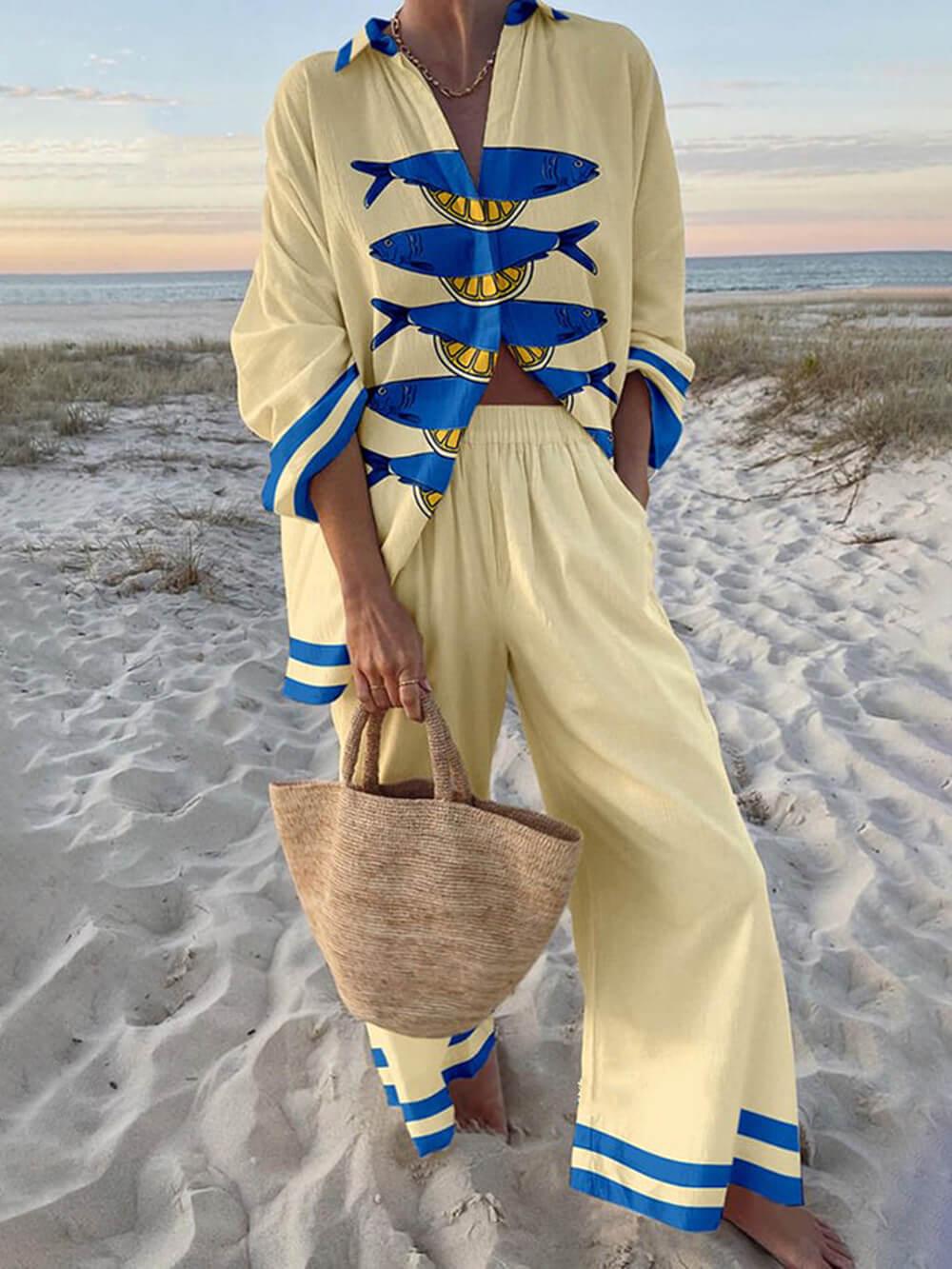 Ocean Print Oversized Shirt and Elastic Waist Pocket Pants Set - Chic & Comfortable Loungewear