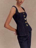 Chic Sleeveless Button-Down Denim Vest Top & High-Waist Straight Leg Jeans Set - Stylish & Comfortable Outfit