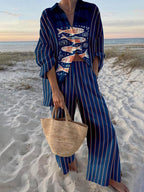 Ocean Print Oversized Shirt and Elastic Waist Pocket Pants Set - Chic & Comfortable Loungewear